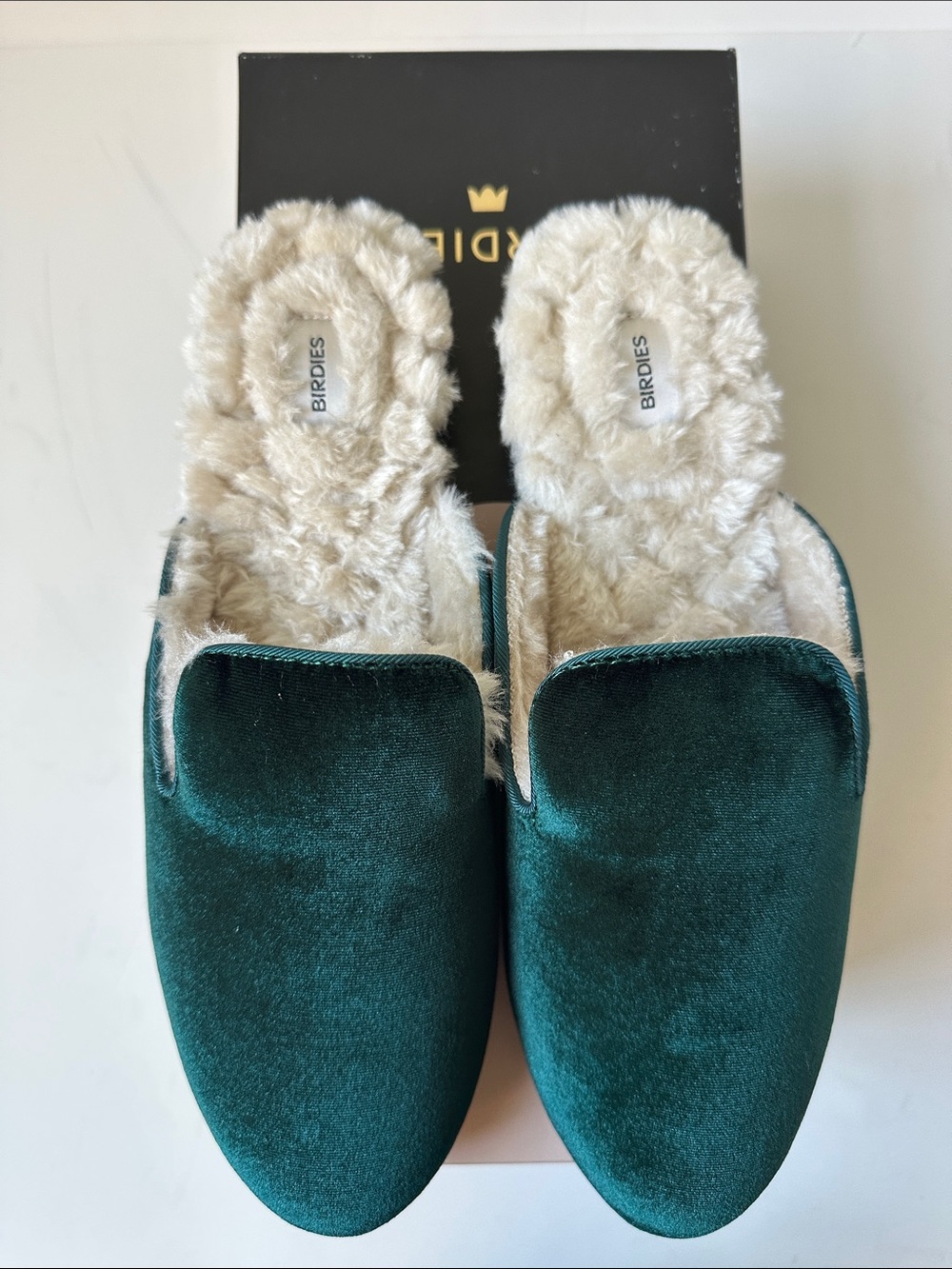 NWT - Birdies Emerald Green Velvet Faux Fur-Lined Slip-On Mules